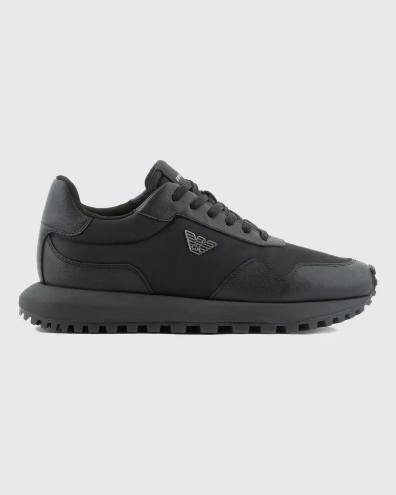 Emporio Armani Low-Top-Sneakers aus Nylon und Leder mit Monogramm und Eagle-Logo Schwarz