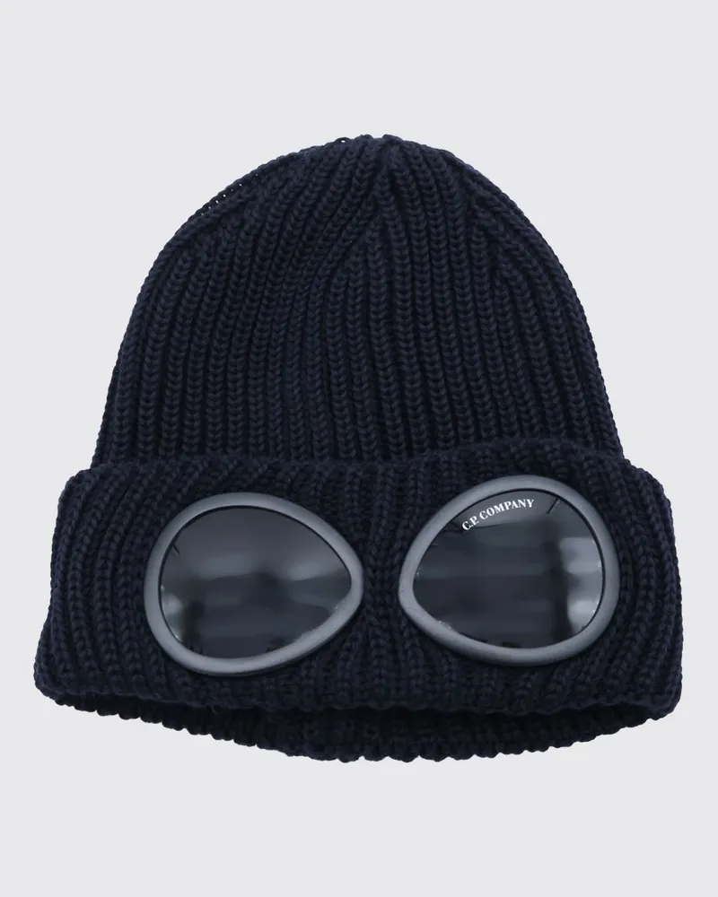 C.P. Company Gerippte Wollmütze mit ikonischen Goggles am Umschlag Blau