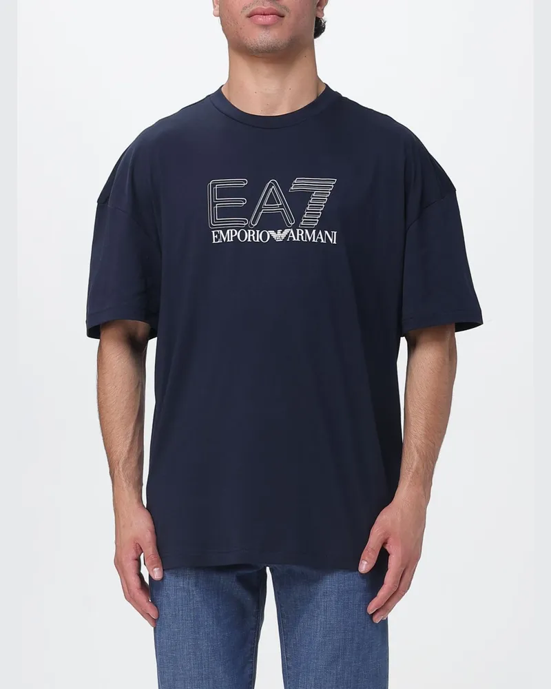 EA7 Rundhals-T-Shirt aus Baumwolle mit Logo Blau