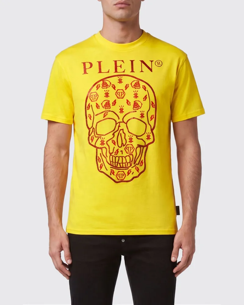 Philipp Plein Baumwoll-T-Shirt mit Rundhals, Totenkopf- und Logo-Print Gelb