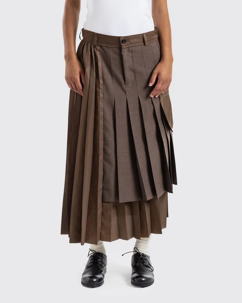 Sacai Asymmetrischer Midi-Rock von aus Wollmischung mit Falten und Cargotaschen Braun