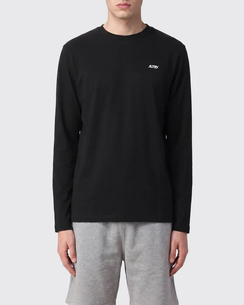 AUTRY Langärmeliges Baumwoll-T-Shirt mit kontrastierendem gesticktem Logo Schwarz