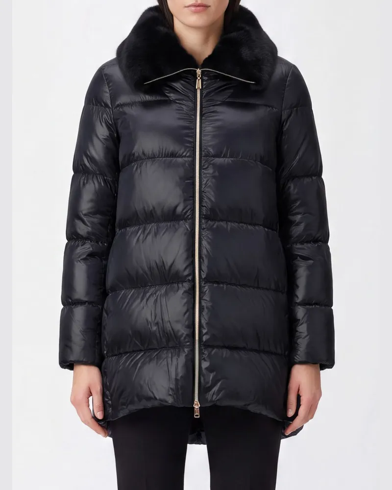 Herno Kurze Daunenjacke aus wasserabweisendem gestepptem Nylon mit Pelzkragen Schwarz