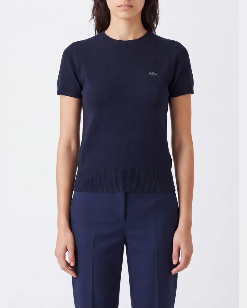 A.P.C. Kurzarm-Pullover mit Rundhalsausschnitt aus Schurwoll-Baumwoll-Mischung Navy