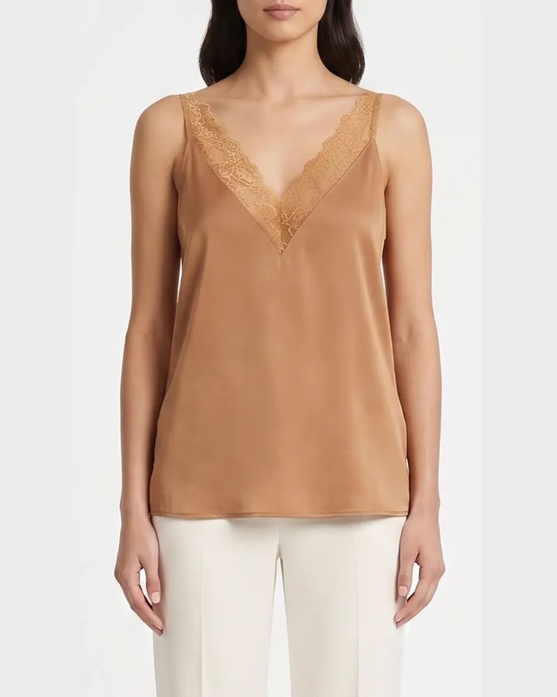 forte_forte Slim-Fit-Top von aus Satin mit schulterfreiem Design und Spitzeneinsätzen Braun