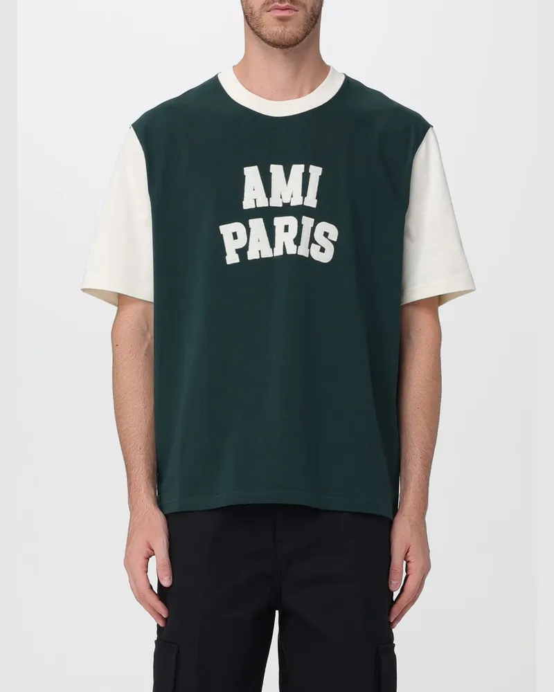 AMI Paris Zweifarbiges T-Shirt aus Baumwolle mit Logo-Print Flaschengrün