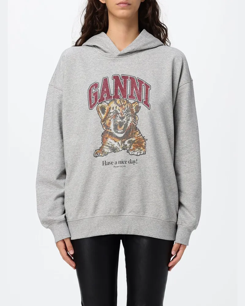 Ganni Hoodie aus Bio-Baumwolle mit kontrastierendem Logo und überschnittenen Schultern Grau