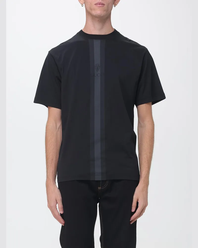 Gucci Gestreiftes Baumwoll-T-Shirt mit Ton-in-Ton-Logo Schwarz