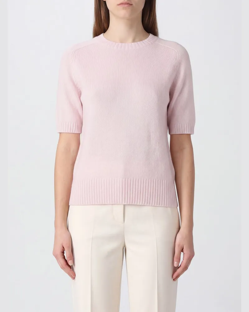 ALLUDE Kurzärmeliger Rundhalspullover aus Kaschmir mit geripptem Saum Pink