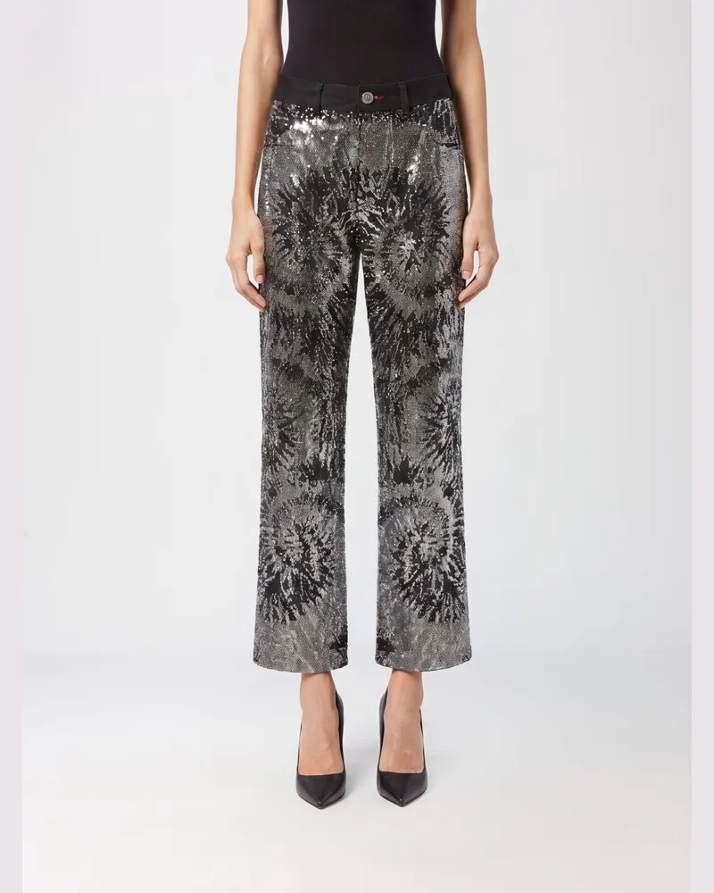 Philipp Plein Cropped-Jeans aus Stretch-Denim mit weitem Bein und Kristallen Schwarz