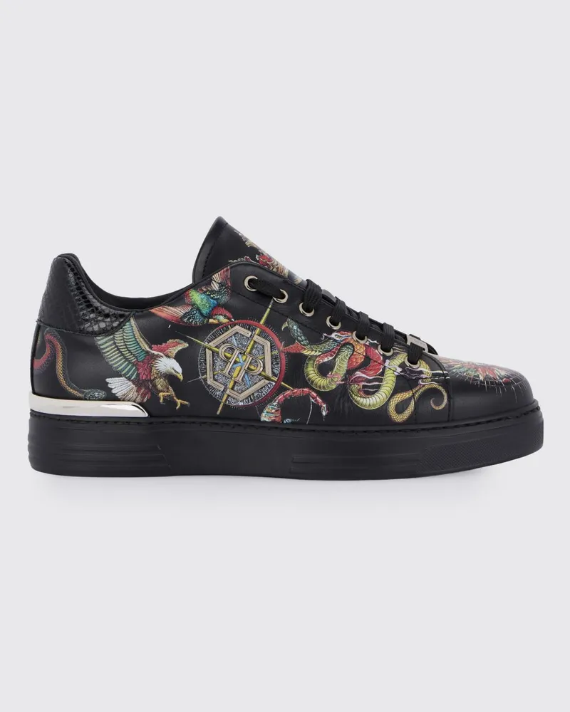 Philipp Plein Low-Top-Sneaker aus glattem Kalbsleder mit seitlichem Hexagon-Logo Schwarz
