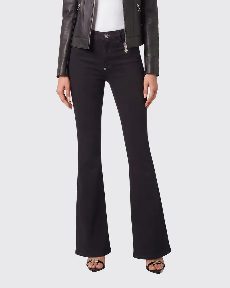 Philipp Plein Hoch taillierte Flared-Jeans aus Stretch-Denim mit Metall-Logo Schwarz