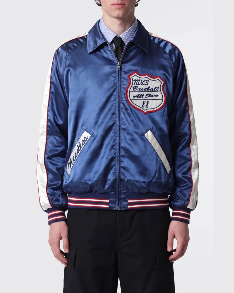 NEEDLES Varsity-Bomberjacke aus Satin mit bestickten Aufnähern Blau