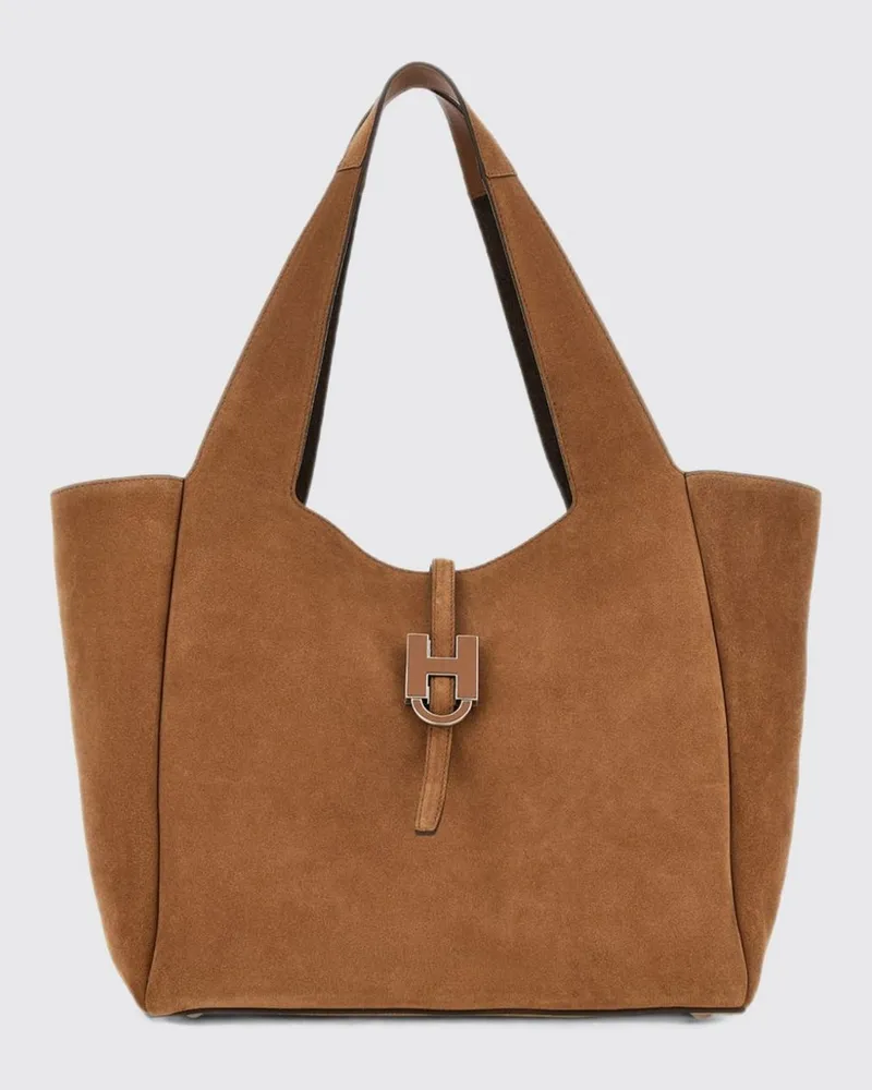 Hogan Schultertasche aus Wildleder von mit H-Logo und Innentasche Kakao