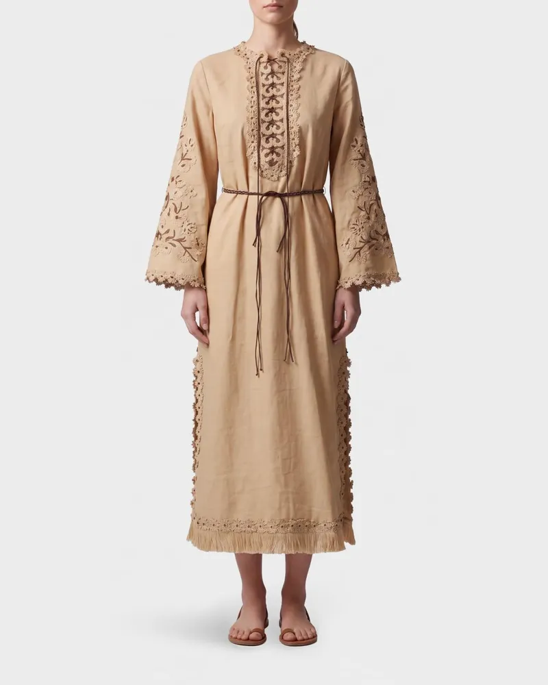 Zimmermann Mahon Midi-Tunika aus bestickter Baumwolle mit Kimonoärmeln Beige