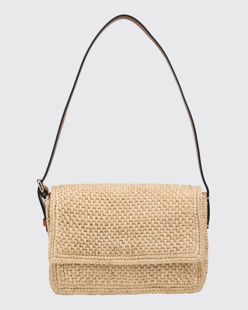 Manebí Kleine Paloma-Schultertasche von aus Häkelbast mit Klappe und Ledergriff Beige