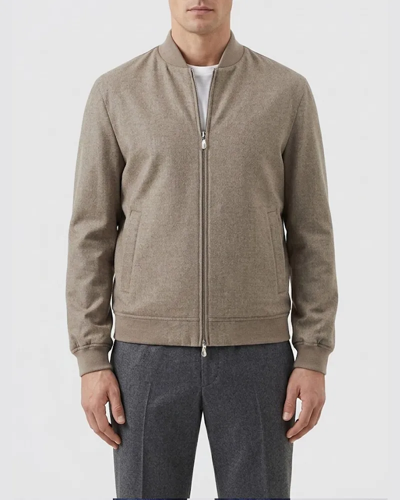 Brunello Cucinelli Bomberjacke aus reinem Kaschmir mit geripptem Kragen Grau