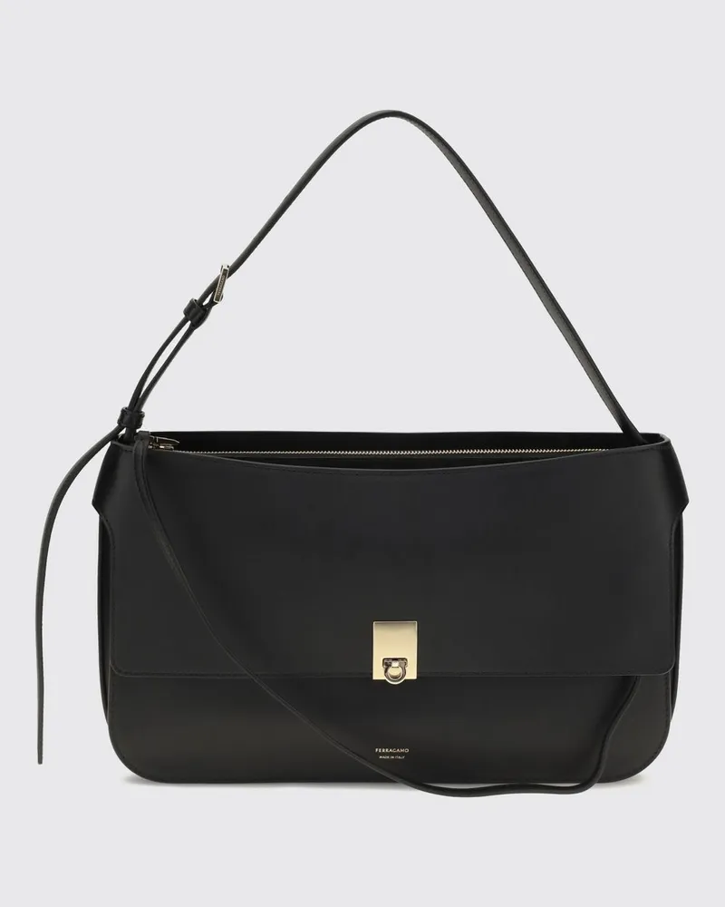 Ferragamo Kleine Schultertasche aus Kalbsleder mit Gancini-Logo Schwarz
