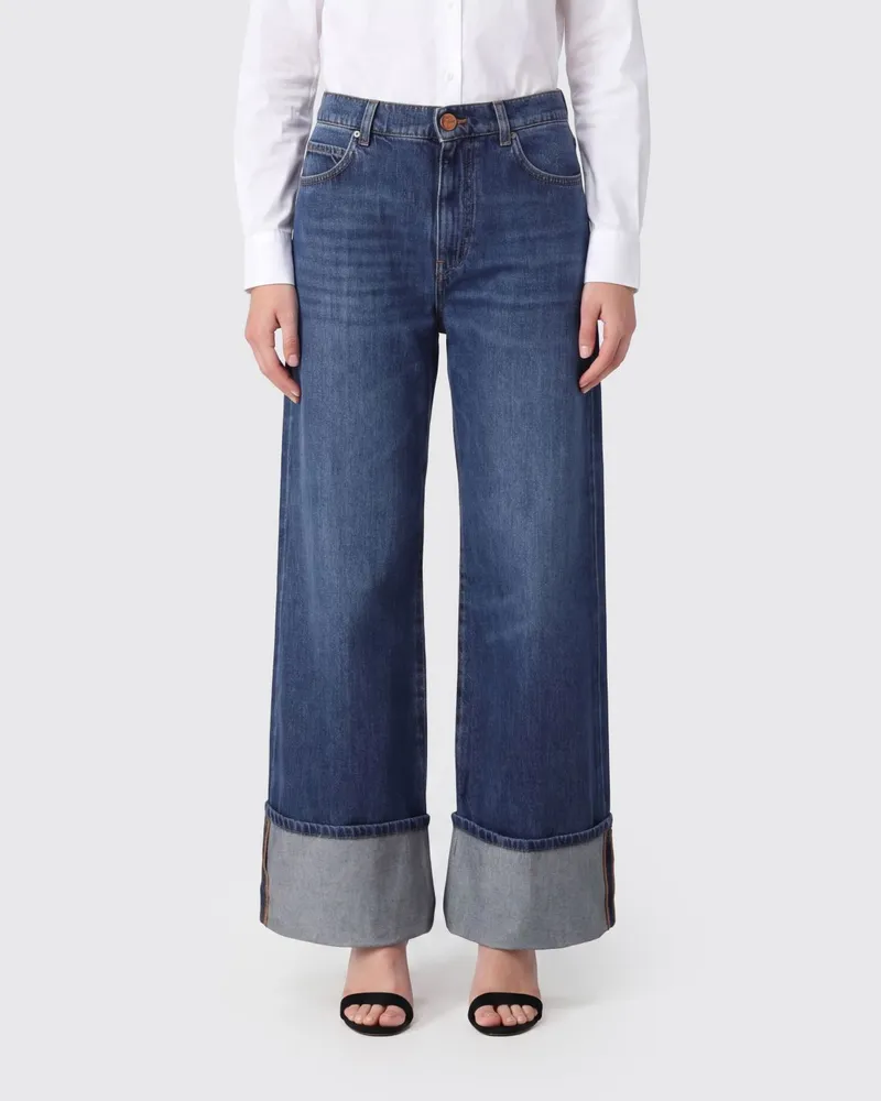 Pinko Wide-Leg-Jeans aus Baumwolldenim mit hohem Bund, Umschlag und Love-Birds-Logo Blau