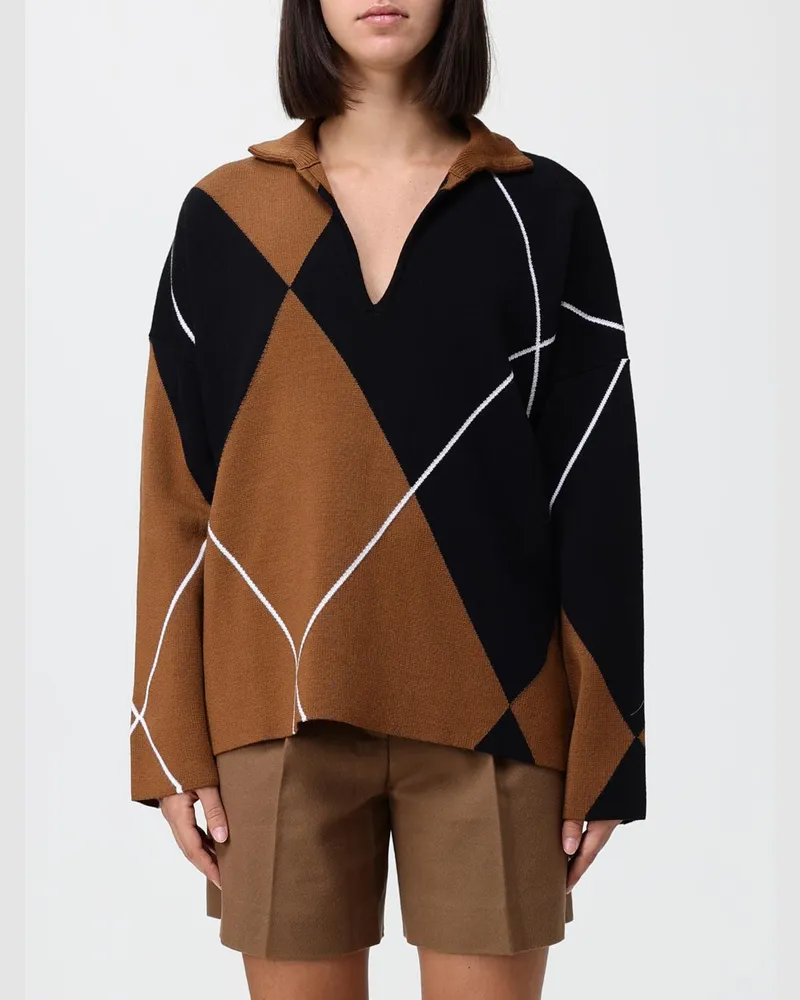 Max Mara Oversize-Polopullover aus Wolle mit Argyle-Muster und V-Ausschnitt Schwarz