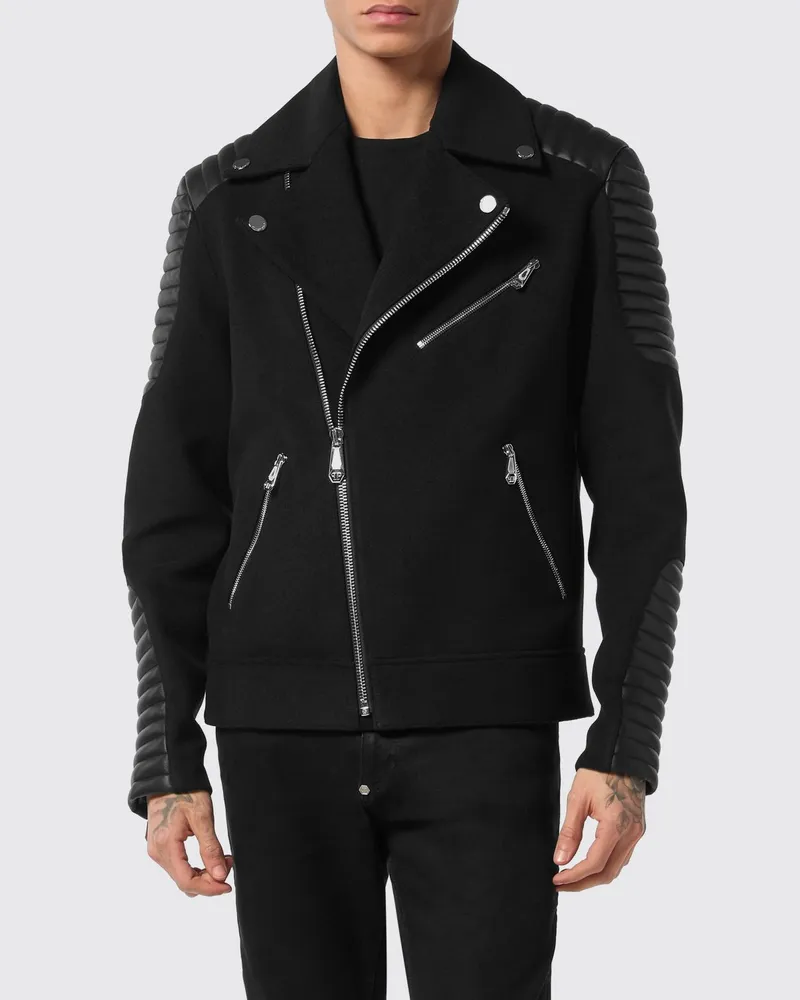 Philipp Plein Bikerjacke aus Leder und Wolle mit Revers und asymmetrischem Reißverschluss Schwarz