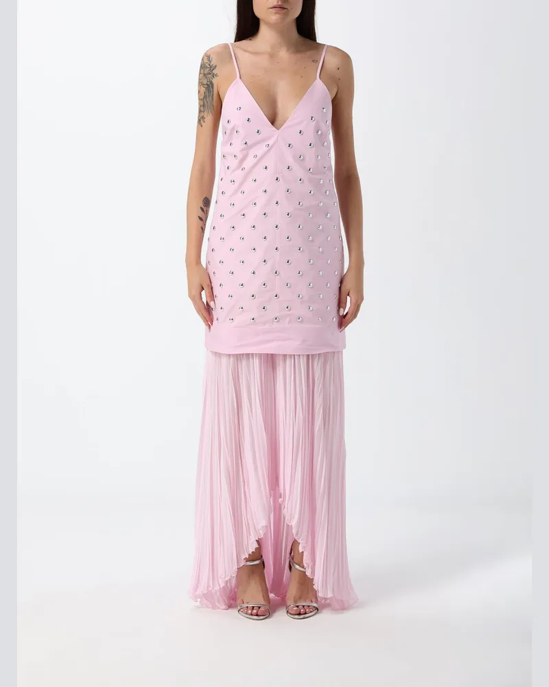 MSGM Plissiertes langes Abendkleid aus Baumwolle mit Stickerei und V-Ausschnitt Pink