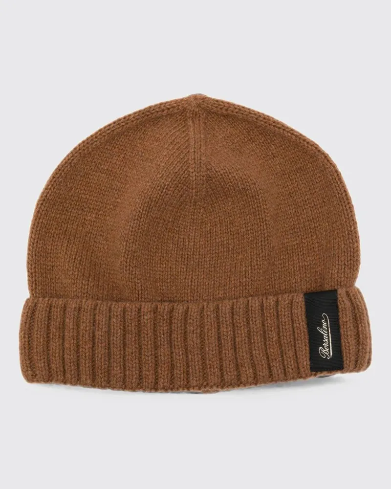 Borsalino Kaschmir-Beanie-Mütze mit Umschlag und Logo-Patch Braun