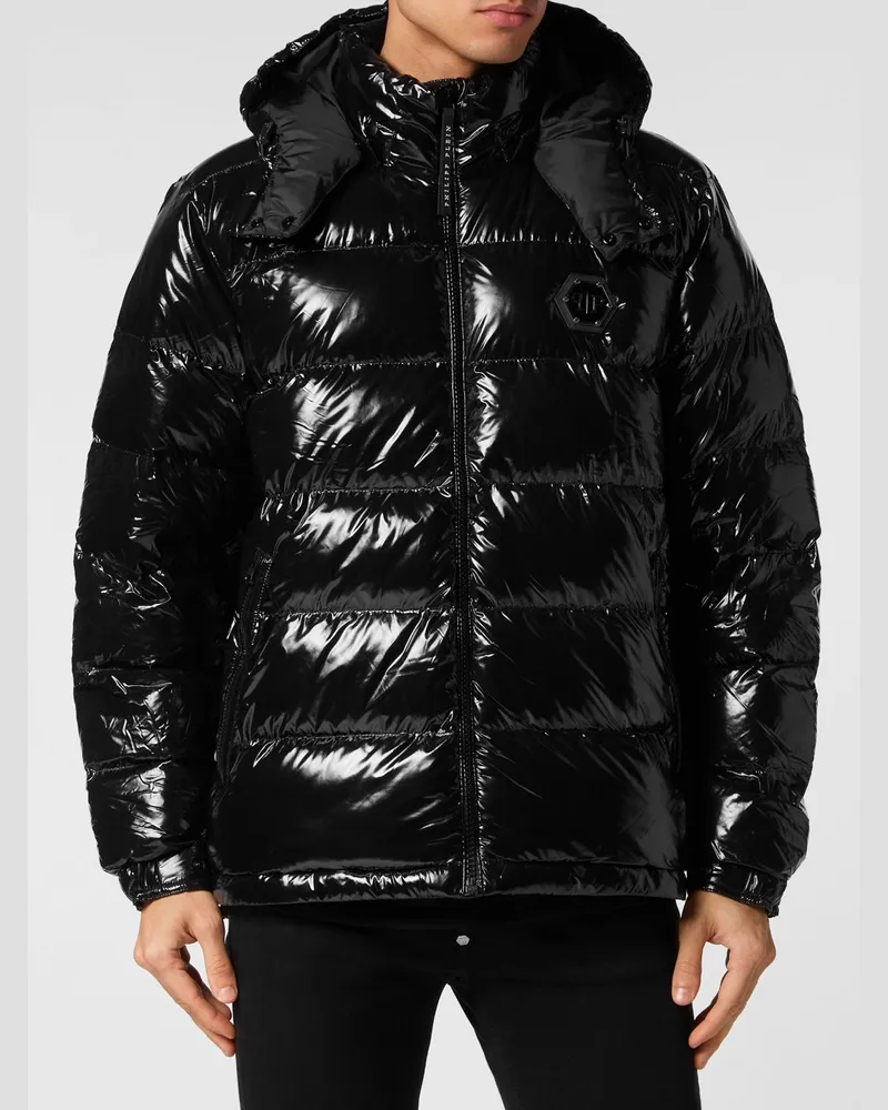 Philipp Plein Gesteppte Daunenjacke aus Nylon mit abnehmbarer Kapuze Schwarz