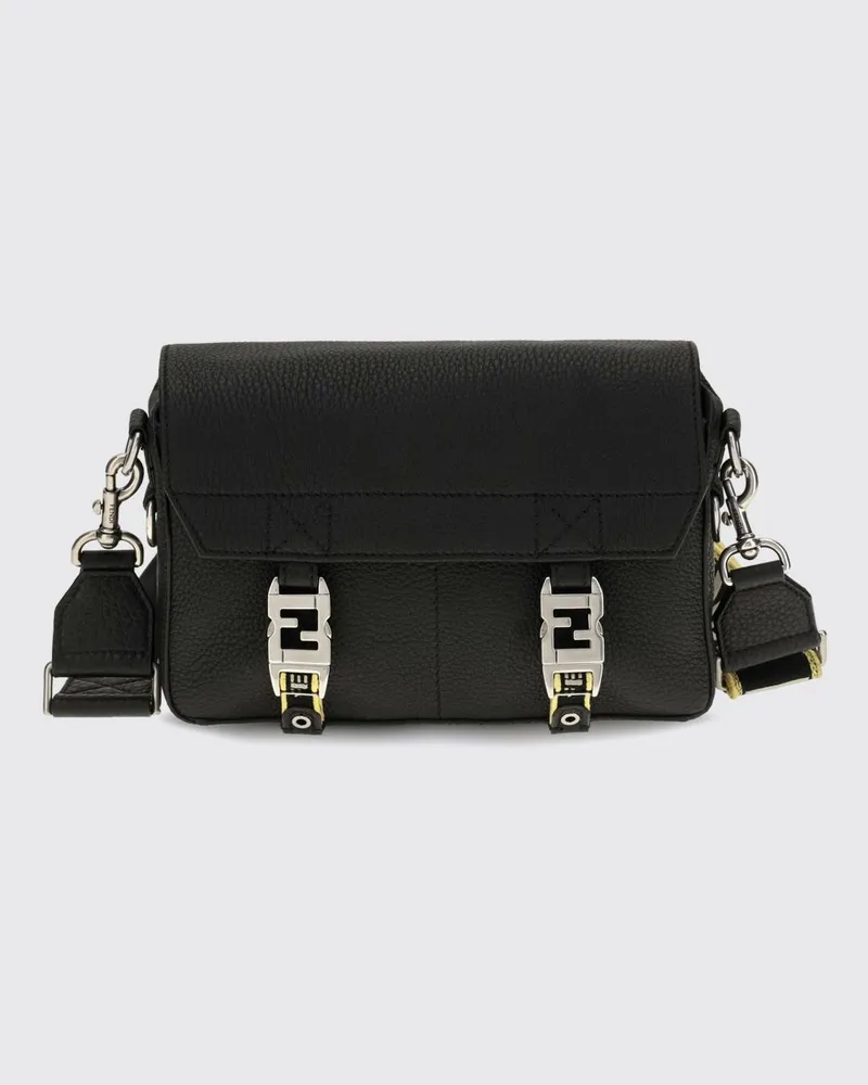 Fendi Umhängetasche aus gehämmertem Leder mit FF-Monogramm und Schnallenverschluss Schwarz