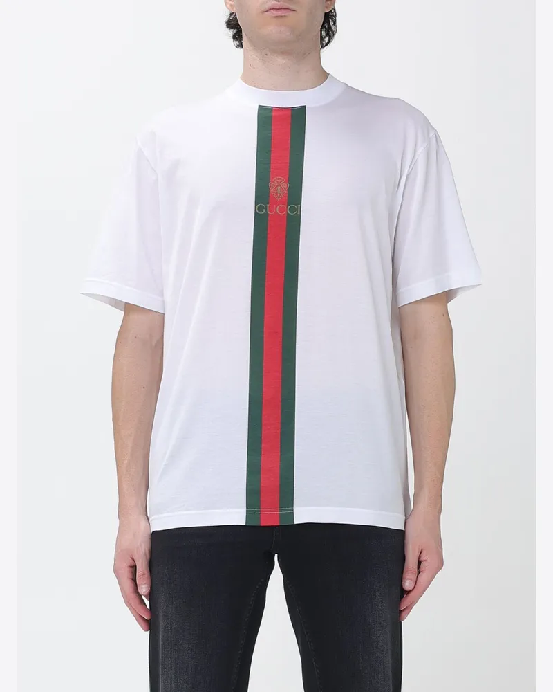 Gucci Gestreiftes T-Shirt aus Baumwolle mit Web-Detail und überschnittenen Schultern Weiß
