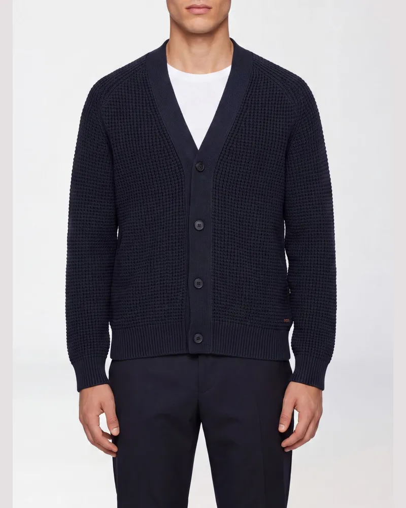 HUGO BOSS Cardigan aus Baumwollmischung mit V-Ausschnitt und Knopfverschluss Blau