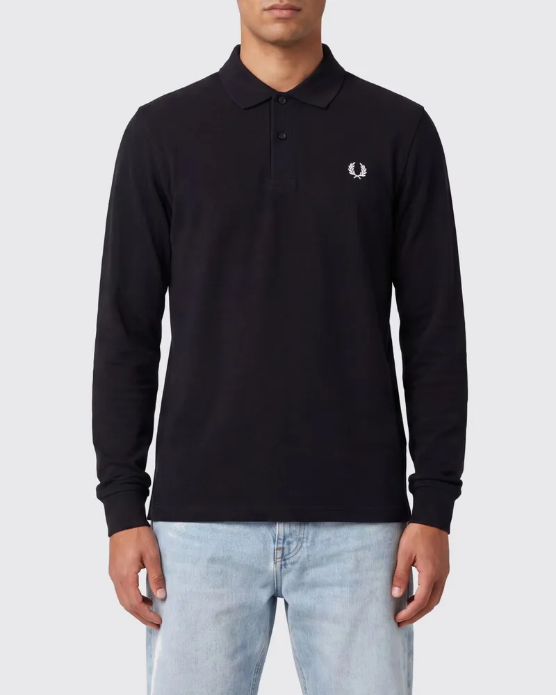 Fred Perry Langärmeliges Piqué-Baumwoll-Poloshirt mit gesticktem Logo Schwarz