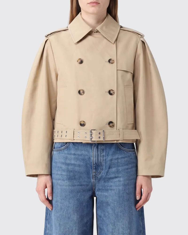 Ganni Kurzer zweireihiger Baumwoll-Trenchcoat mit Ballonärmeln Sand