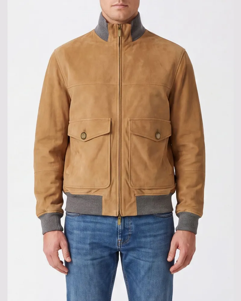 Brunello Cucinelli Bomberjacke aus Velours-Lammleder mit Stehkragen Beige