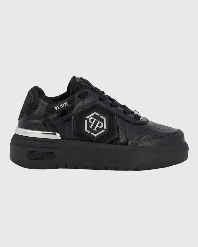 Philipp Plein Niedrige SK8R Sneakers aus Leder und Mesh mit Kroko-Print und Hexagon-Logo Schwarz