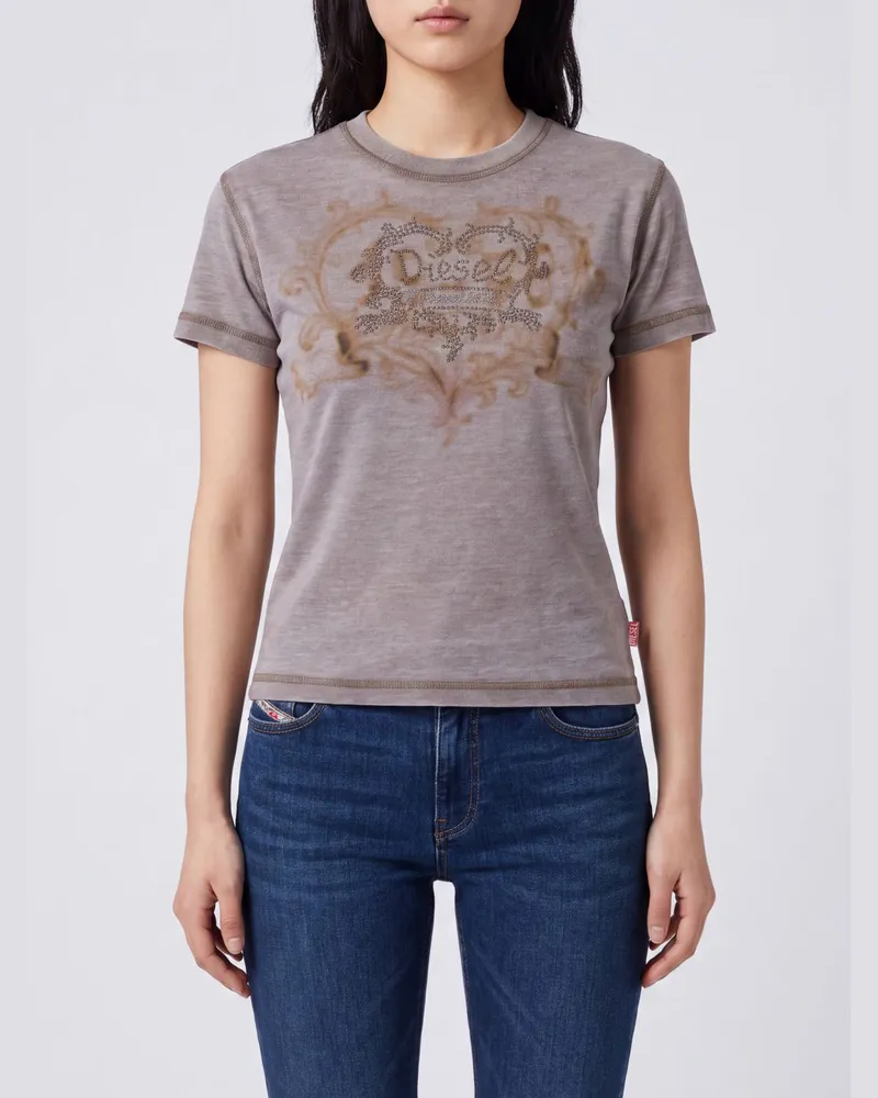 Diesel Slim-Fit-T-Shirt aus Baumwolle mit Strass-Logo vorne Beige