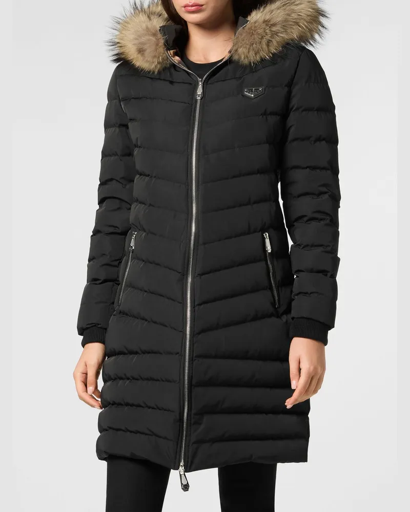 Philipp Plein Slim Fit Stepp-Daunenjacke aus Nylon mit Kapuze und Pelzkragen Schwarz