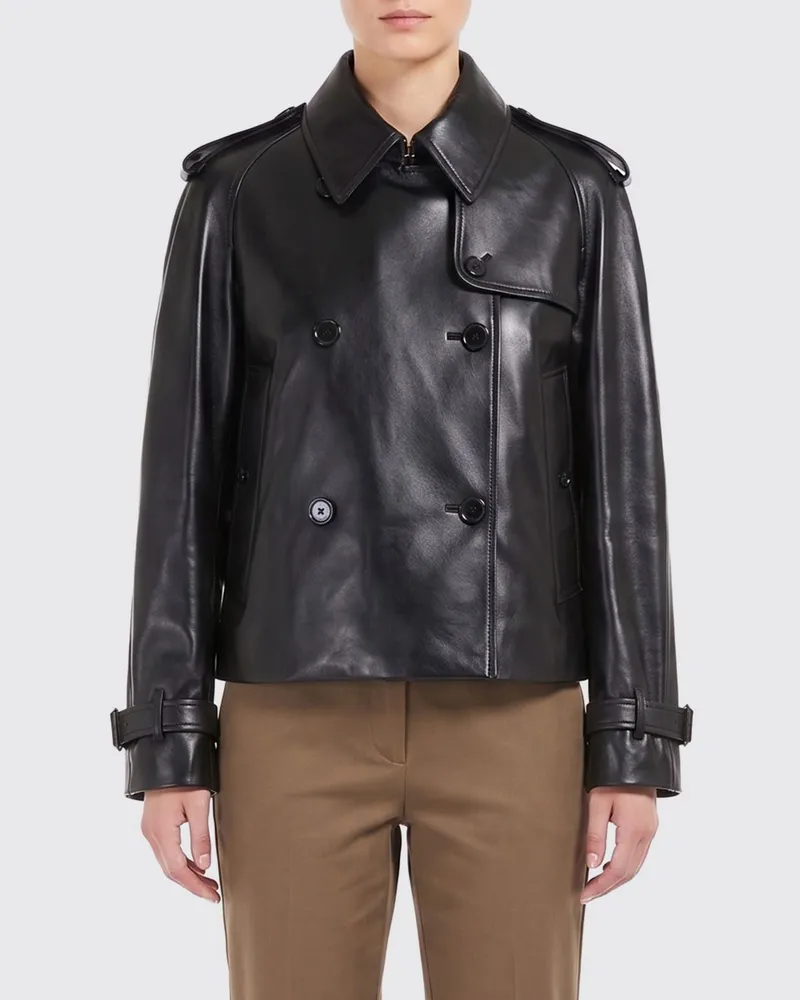 Burberry Myfair Kurzer Zweireihiger Trenchcoat aus Lammleder Schwarz