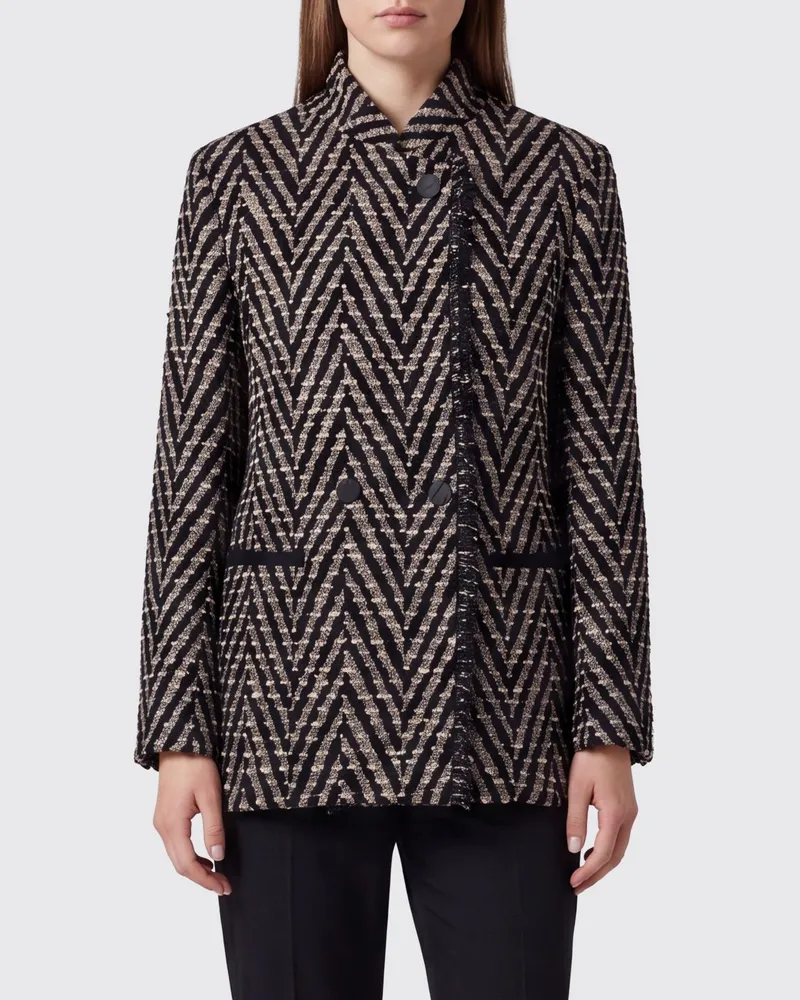 forte_forte Einreihiger Kurzmantel von aus Baumwollmischung mit Chevron-Muster Schwarz