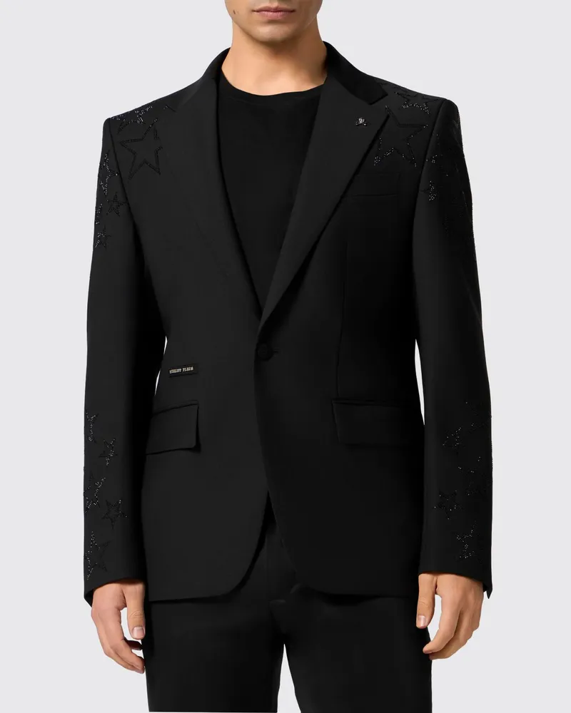 Philipp Plein Einreihiger Blazer aus Wollmischung mit Sternenstickerei und Strass Schwarz