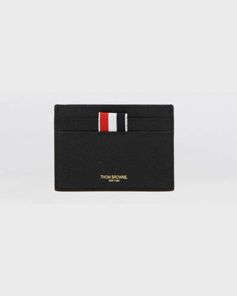 Thom Browne Flaches Kartenetui aus genarbtem Leder mit Streifenmuster und laminiertem Logo Schwarz