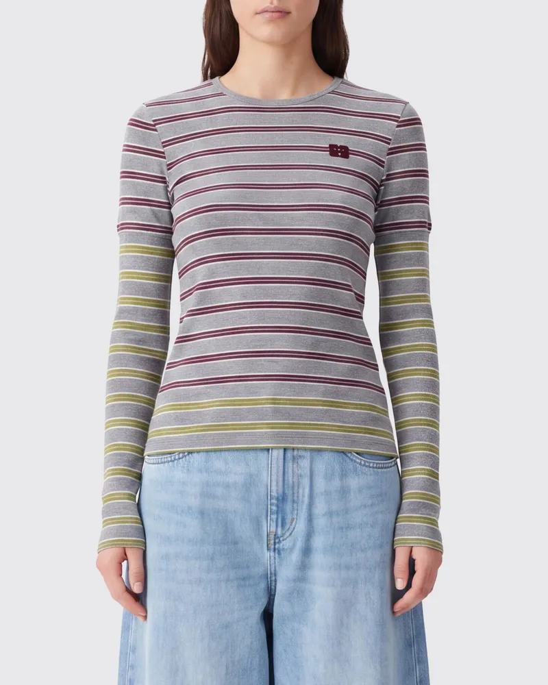Ganni Gestreiftes Langarm-T-Shirt in Slim Fit aus Bio-Baumwolle Grau