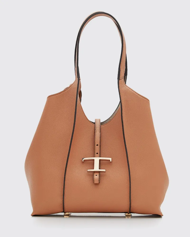 TOD'S T Timeless Schultertasche aus genarbtem Kalbsleder mit doppeltem Henkel Braun