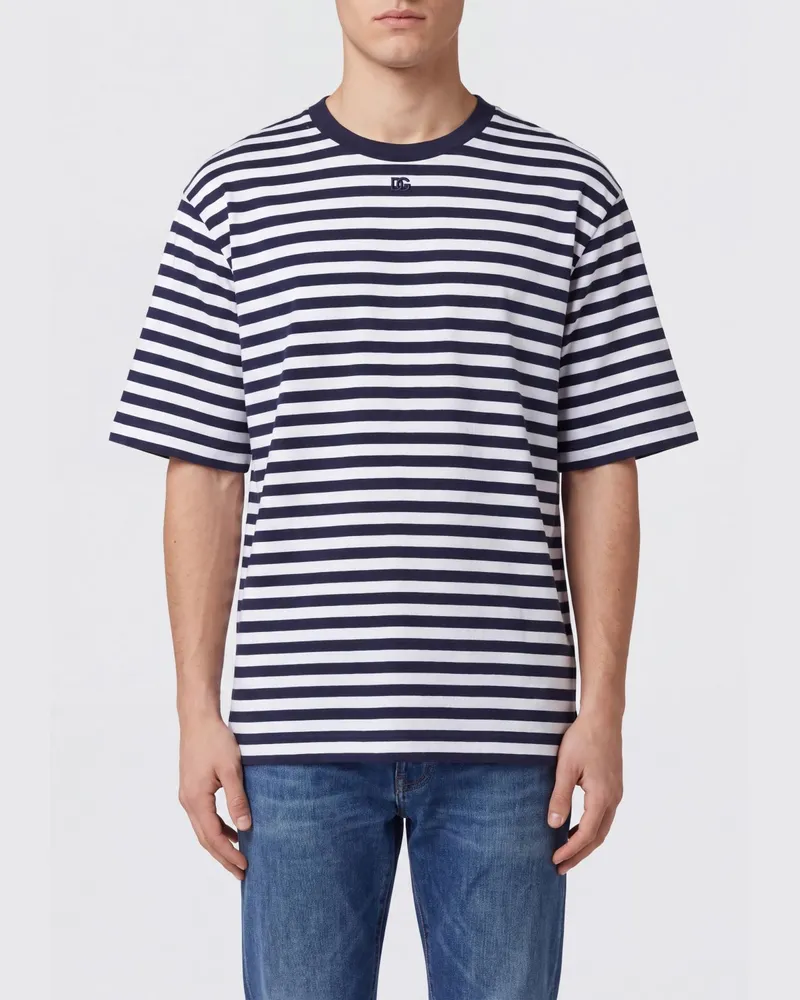 Dolce & Gabbana DOLCE  GABBANA Gestreiftes Baumwoll-T-Shirt Dolce & Gabbana mit DG-Monogramm und überschnittenen Schultern Navy