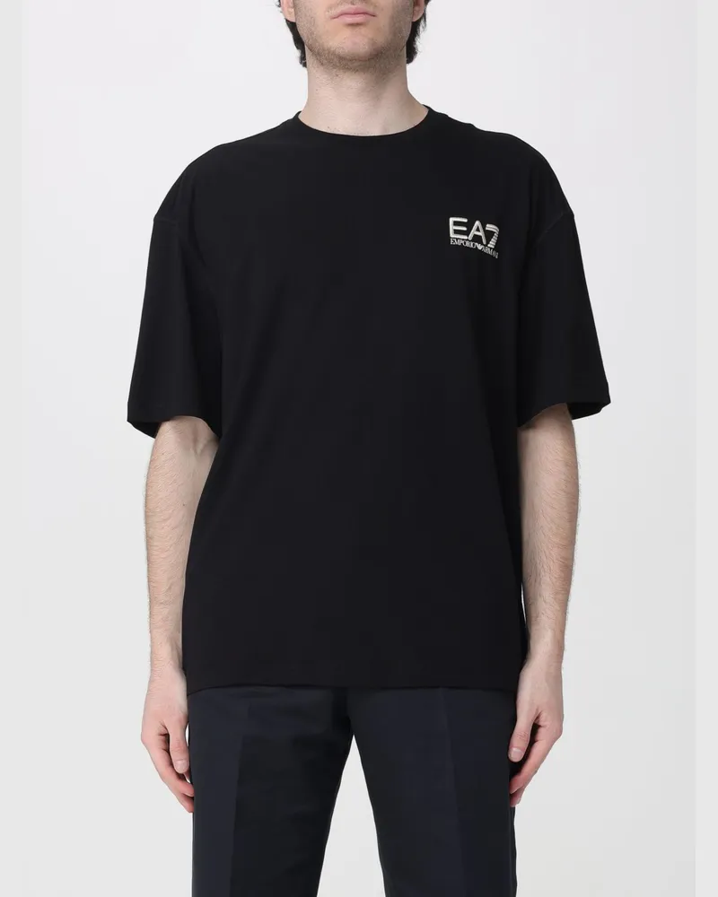 EA7 Bedrucktes Rundhals-T-Shirt aus Baumwolle Schwarz