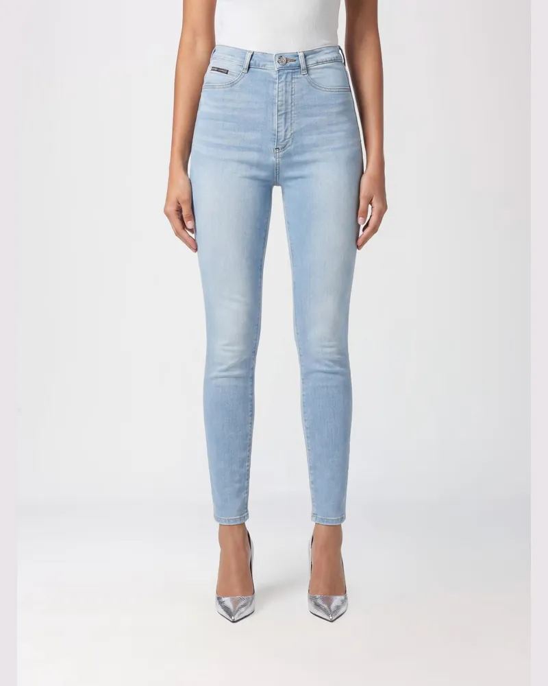 Philipp Plein Hoch taillierte Skinny-Cropped-Jeans aus Stretch-Denim mit Logo Hellblau