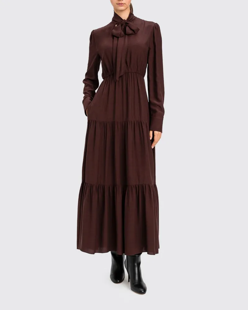 Twin-Set Langes A-Linien-Kleid aus Viskose mit Schalkragen Braun