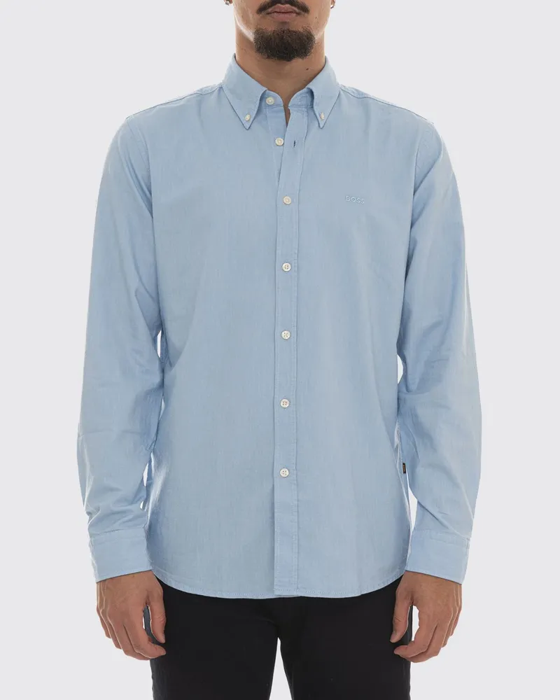 HUGO BOSS Langärmeliges Baumwollhemd mit Button-Down-Kragen Hellblau