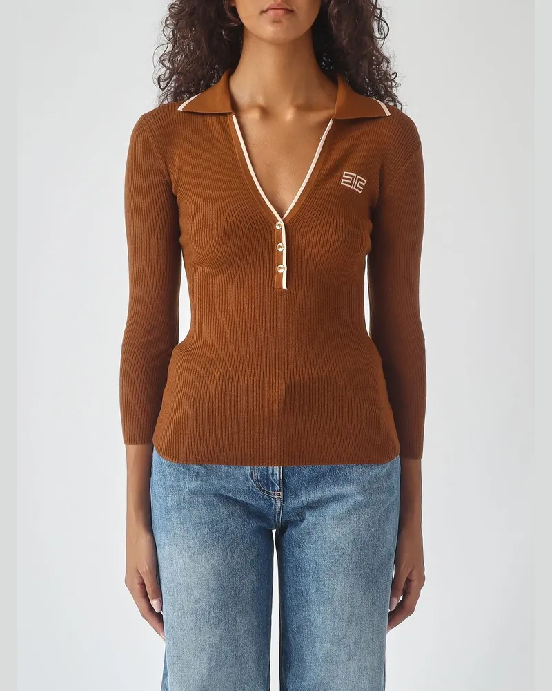 Elisabetta Franchi Slim-Fit-Poloshirt aus Rippstrick mit langen Ärmeln Braun
