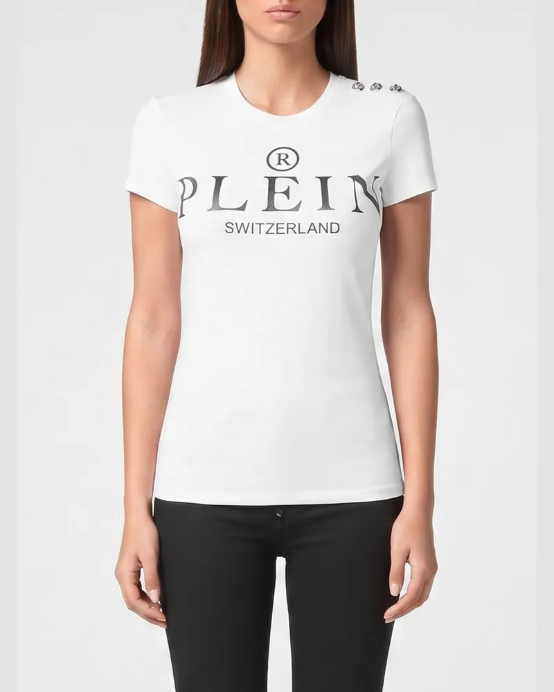 Philipp Plein Slim-Fit Jersey-T-Shirt mit Rundhalsausschnitt, Kontrastlogo und Schulterklappen Weiß